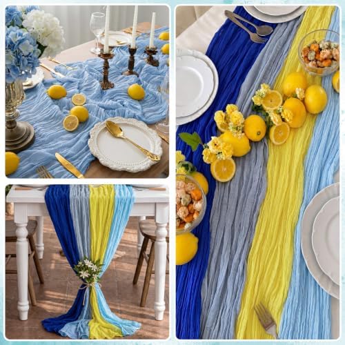 Moukeren 4 Pack Blue Yellow Cheesecloth Table Runner Capri Lemon Decor - Image 6