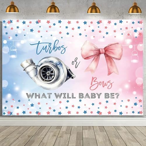 MEHOFOND 10x7ft Turbos or Bows Gender Reveal Backdrop Boy or Girl What Will Baby Be Photography Background Pink and Blue Stars Gender Reveal Baby Shower Party Decorations Banner Photo Booth Props by MEHOFOND