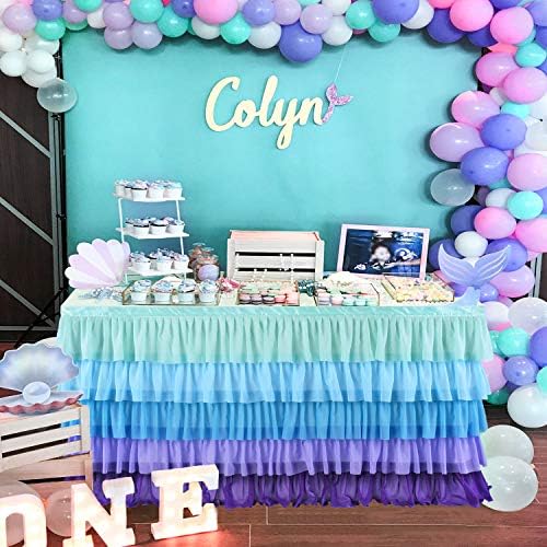 Mermaid Tulle Table Skirt for Rectangle or Round Table Tutu Chiffon Tablecloth for Birthday, Baby Shower, Wedding, Party Decoration (Mermaid, L 14ft, H 30in) - Image 3
