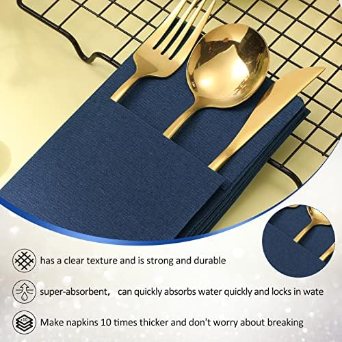 Cindeer 150 Pcs Navy Blue Linen Dinner Napkins with Built in Flatware - Image 5