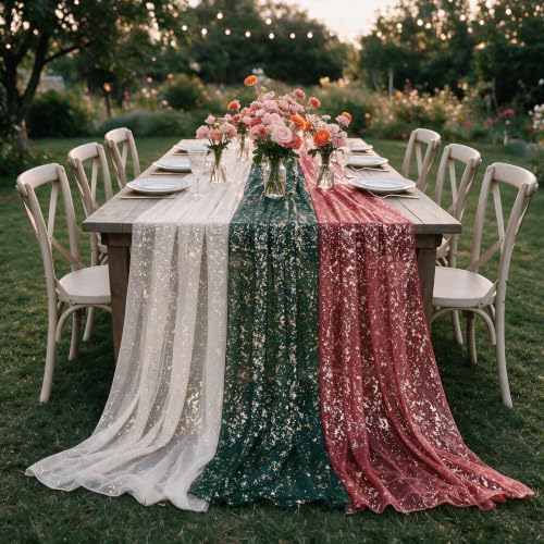 Artoid Mode 6PC Beige Red Green Gauze Table Runner 120 Inch 10FT, Glitter Metallic Foil Sheer for Wedding Anniversary Holiday Birthday Home Party Decor - Image 4