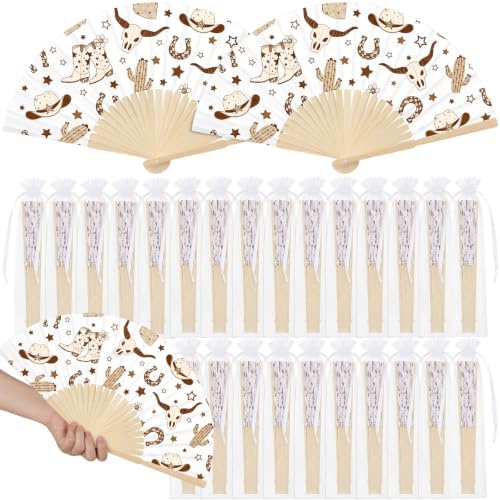 25 Pcs Western Cowboy Folding Paper Fans Bulk with Organza Bag by Memorywuu