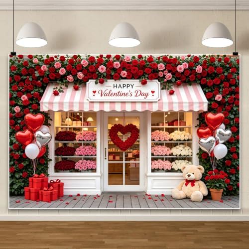 9x6ft Valentines Day Photography Backdrop Happy Valentines Day Flower Shop Front Red Pink Rose Floral Wall Heart Balloon Gift Box Bear Photo Background for Party Portrait Photo Booth Decor - Image 4