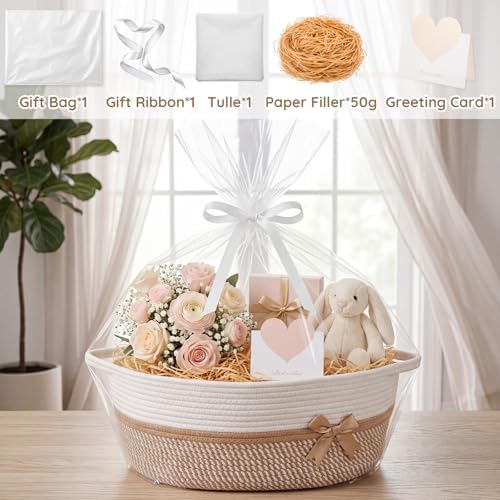 Colingmill Large Woven Gift Basket Empty 17”x13”x7.6” Jumbo Storage Basket with Gift Bag Ribbon and Tulle Gifts Card Paper Filler for Wedding DIY Baby Toy Baskets with Handles(Khaki,Stripe) - Image 3