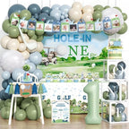 Hole in One Birthday Decorations, 133 PCs Golf First Party Supplies Boy 1st Birthday Decor Set with Balloons Chair and Photo Banners Backdrop Tablecloth Cake Cupcake Toppers Boxes Cutout Crown by Fiesec