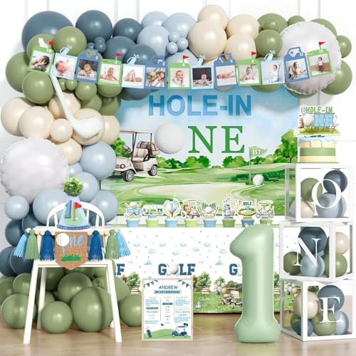 Hole in One Birthday Decorations, 133 PCs Golf First Party Supplies Boy 1st Birthday Decor Set with Balloons Chair and Photo Banners Backdrop Tablecloth Cake Cupcake Toppers Boxes Cutout Crown by Fiesec