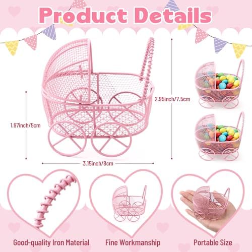 Threehoney 24 Pcs Baby Shower Mini Carriage Decoration Pink Metal Wired Fillable Candy Stroller Baby Shower Table Centerpiece for Guest Gender Reveal Wedding Party Favor Gift - Image 2