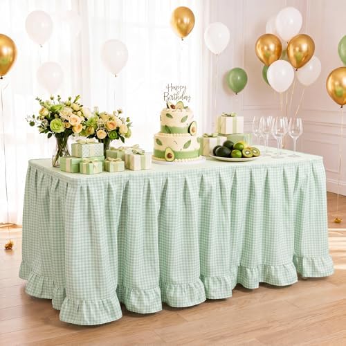 Flutesan 14 ft Sage Green Gingham Table Skirt for Rectangle Tables - Image 3