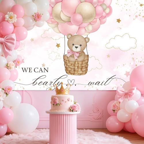 10x6.5FT Baby Shower Backdrop We Can Bearly Wait Pink Bear Hot Air Balloon Photography Background Newborn Baby Shower Party Decorations Banner Photo Booth Props - Image 3