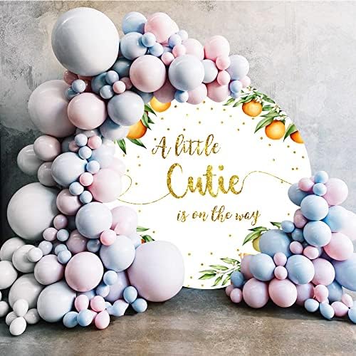 Laeacco 6.5x6.5FT Orange Baby Shower Round Backdrop Fabric Little Cutie Baby Shower Party Circle Background Gold Glitter Dots A Little Cutie is on the Way Gender Reveal Party Decor Photo Studio - Image 3
