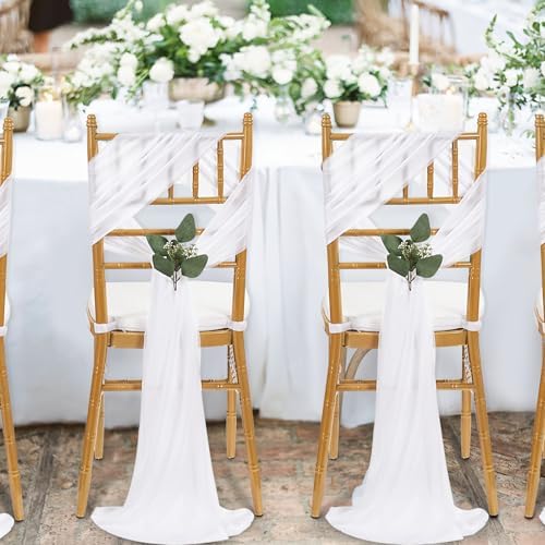 QueenDream White Chair Sashes Wedding: 16 Pieces Long Sheer Wedding Aisle Chair Decorations Tulle Chairs Covers with Artificial Eucalyptus - Image 6