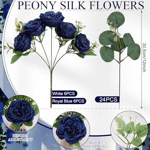 12 Bundles Royal Blue White Artificial Peonies Silk Flowers Bulk - Image 3