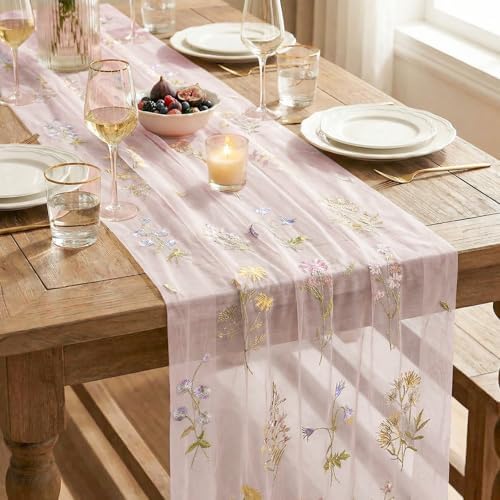 Artoid Mode 6PC Floral Light Pink Embroidery Table Runner 120 Inch 10FT - Image 7