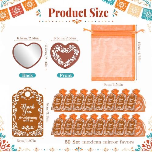 50 Set Cielito Lindo Mexican Baby Shower Party Favors, Heart-Shaped Mirrors with Organza Bags & Thank You Cards, Brown Talavera Party Gifts Bulk for Guests Bridal Shower Wedding Gender Reveal Party - Image 2