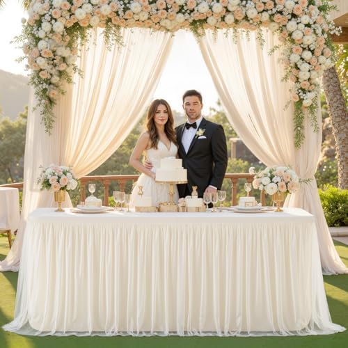 6 Pack 6ft Ivory Tulle Tablecloths for Rectangle Tables 6 Foot Ivory Rectangular Table Cloth Wrinkle Free Tablecover with Tutu Skirt for Wedding Baby Shower Birthday Party Banquet Buffet Cake - Image 3