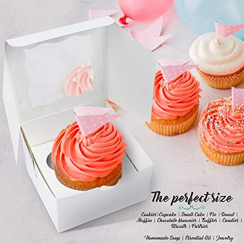 O'CREME [50 Pack] Small Bakery Cake Boxes With Window, 4x4x2.5, Cupcakes Donuts Cookies Pastries, For Wedding Treats Party Favors Showers Gift, White Paper Kraft Cardboard Mini Packaging Containers - Image 5