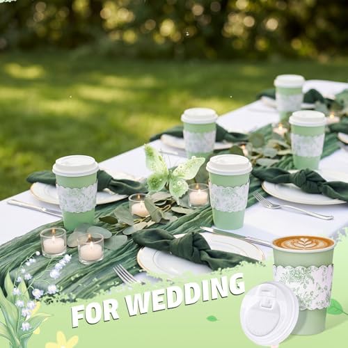 48 Set 16oz Sage Green Disposable Coffee Cups with Lids & Sleeves, White Floral Wildflowers Paper Drinking Cups for Wedding Bride Baby Shower Party - Image 6