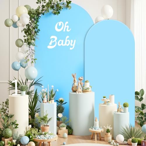 Set of 2 Arch Backdrop Covers 7.2FT, 6FT Blue and Oh Baby Decal Sign - Adjustable Spandex Arch Covers Stretchy Backdrop for Wedding Birthday Party Baby Shower Banquet Decoration - Image 3
