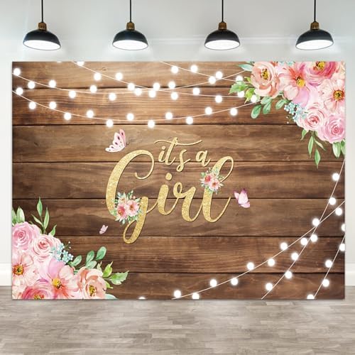 10x6.5ft Baby Shower Backdrop It's a Girl Photography Background Pink Floral Butterfly Green Leaves Rustic Wooden Board Girls Birthday Party Banner Decorations Newborn Parties Photo Booth Prop by ASDCXZ