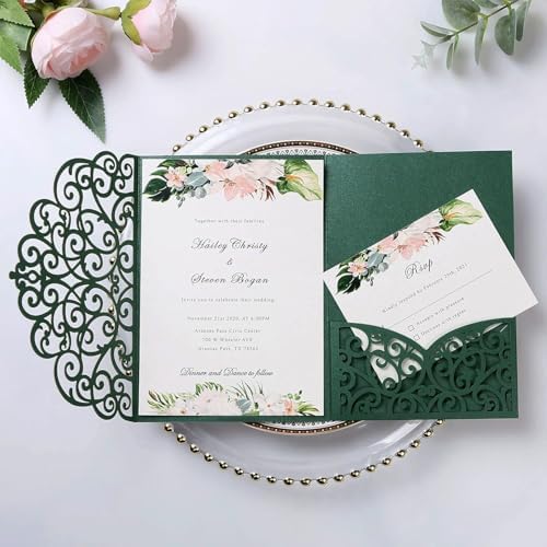 PONATIA 5.12 x 7.2 Emerald Green Laser Cut Invitation Cards, 20PCS Tri-Fold 5 x 7 Trifold Wedding Invitation Cards Pockets with Envelopes for Wedding Bridal Shower Engagement Birthday Quinceanera - Image 2