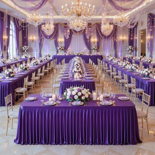 6 Packs Purple Satin Tablecloths Rectangle 8FT, Glitter Spandex Fitted Stretch Table Covers Wrinkle-Free Floor Length Shimmer Table Skirt for Weddings Parties Baby Shower Banquets Vendor Events - Image 6