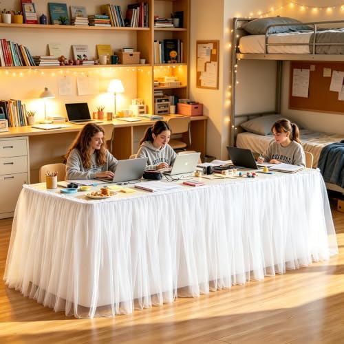 14FT Long White Tulle Table Skirt for Rectangle Round Tables 3-Layer Ruffle Desk Teacher Skirt for Back to School Supplies Princess Girls Birthday Party Cake Dessert Classroom Dorm Decor - Image 4