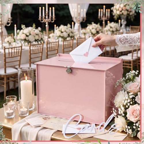 BreezeHug 14" Pink Acrylic Wedding Card Box with Lock & 3D Letters - Image 3