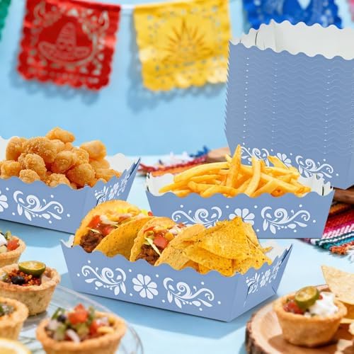 100pcs Blue Cielito Lindo Party Decoration Mexican Paper Food Boat Trays Platos De Barro Mexicanos Disposable Scalloped Mexican Snack Trays For Cinco De Mayo Wedding Baby Shower Party - Image 4