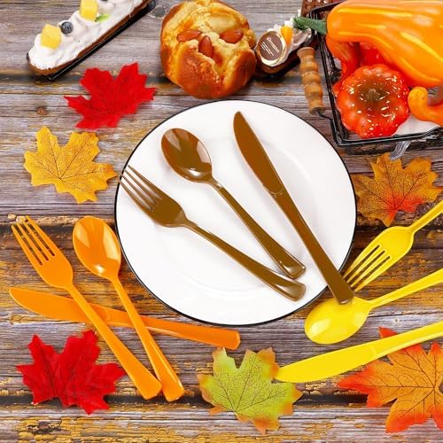 Kochorie 300 Pieces Thanksgiving Plastic Silverware Fall Heavy Duty Utensils Set Heavyweight Disposable Flatware Includes Orange Yellow Brown Spoons Forks Knives for Thanksgiving Dinner Party Supplies - Image 4