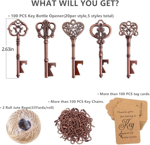 100 PCS Key Bottle Openers,Vintage Skeleton Key Bottle Openers for Wedding Favors,Wedding Party Gifts Souvenirs Decorations for Guests Bridal Shower Favors Bulk (Red copper) - Image 3