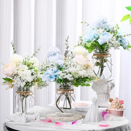 Zeyune 6 Sets Mason Jar Table Centerpiece Artificial Flower, Blue, White - Image 3