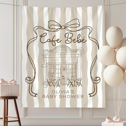 Cafe Bebe Baby Shower Banner Neutral Parisian French Coffee Shop Theme Sign Custom Welcome Baby Tapestry Elegant Gender Reveal Party Decoration Unique Sprinkle Event Backdrop for Boys Girls Gift by Unknown