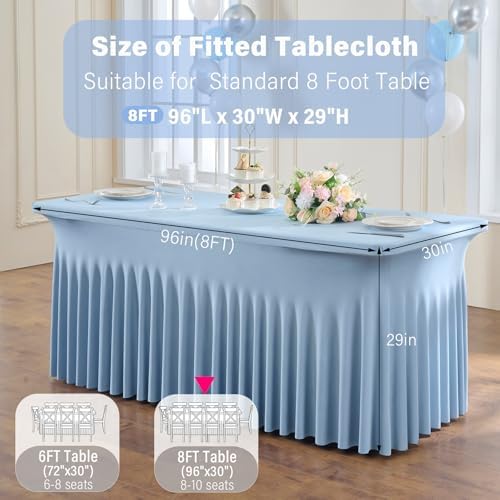 4 Pack Dusty Blue Spandex Table Clothes for 8 Foot Rectangle Tables, Wrinkle Free Fitted Table Cover 8ft Stretch Tablecloths Desk Skirt for Parties Weddings Birthday Banquet Baby Shower - Image 5