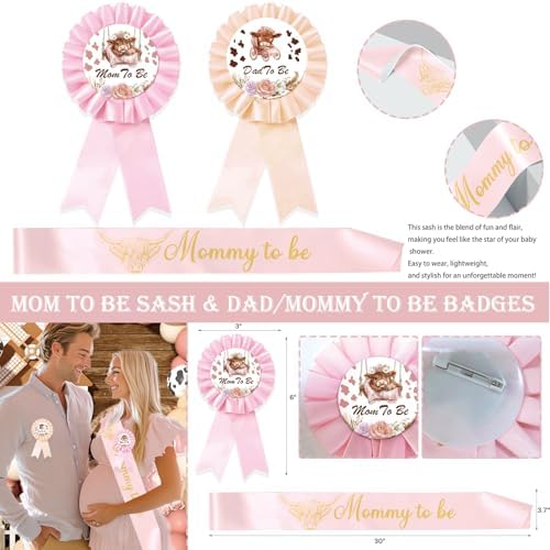 Hombae Highland Cow Baby Shower Decorations Girls, 129 PCs – Holy Cow Baby Shower Party Supplies with Floral Backdrop, Balloon Garland, It’s a Girl Cake Topper, Mommy To Be Sash, Headband - Image 4