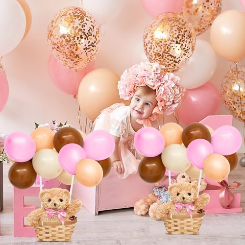 Hollowfly 6 Set Bear Baby Shower Party Decoration Table Centerpieces 6 Gender Reveal Stuffed Plush Bears 6 Bamboo Baskets 60 Colorful Balloons 12 Balloon Stands Birthday Party Wedding(Pink) - Image 4