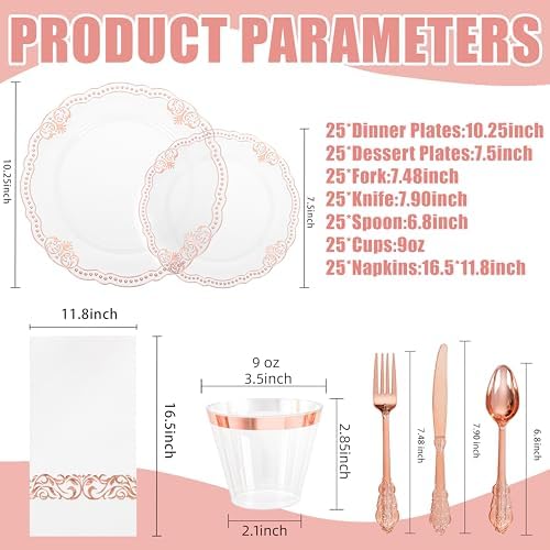 Ciaell 175 Piece Rose Gold Plastic Plates for Weddings Parties - Image 2
