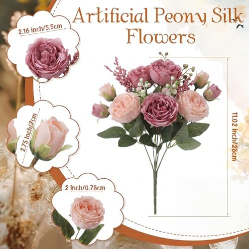 Geosar 24 Bundles Artificial Peonies Flowers,Russet Red,Light Pink - Image 2