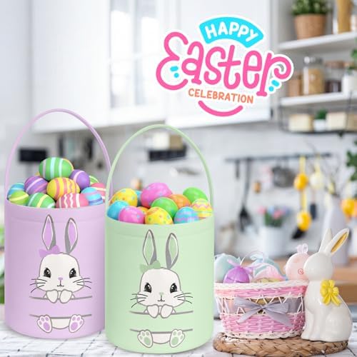 SATINIOR 12 Pack Easter Basket Bulk Easter Bunny Canvas Buckets with Handles Large Personalized Cute Rabbit Tote Bags for Hunt Party Favor Gifts(Pastel Color) - Image 5