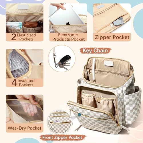 Omanmoli Checkered Diaper Bag Backpack Large Baby Diaper Bag Leather with 17 Diaper Bag Organizing Pouches,Changing Pad,Stroller Straps,4 Insulated Pockets,Beige&Honey - Image 4