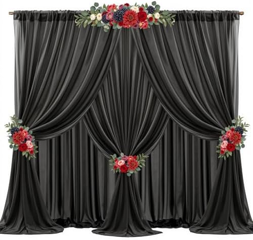 30ft x 10ft Black Backdrop Curtains, Wrinkle-Free Sheer Chiffon Fabric Photo Background Drapes for Wedding Arch Party Ceremony Stage Photography Decorations by WishCare