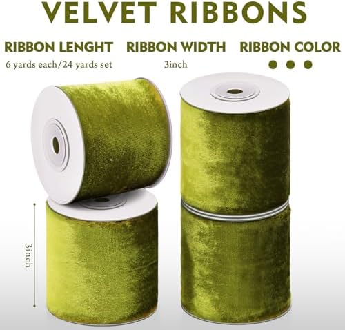 Preboun 4 Rolls Christmas Velvet Ribbon 24 Yards,Olive Green,3 Inch - Image 2