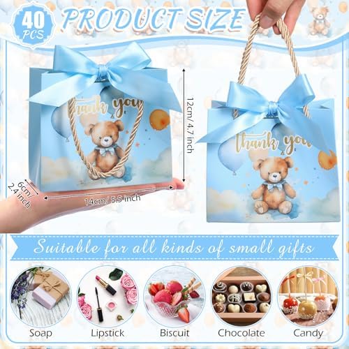 TaoBary 40 Pack 5.5''x 2.5''x4.7'' Small Cloud Bear Gift Bags with Handles Mini Paper Blue Cloud Bear Thank You Gift Bag Bulk with Bow Ribbon for Baby Shower Boy Girl Birthday Party Supplies - Image 2