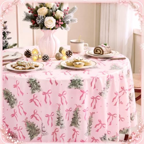 Ganeen 12 Pcs Christmas Tree Pink Bow Tablecloth Disposable Plastic Xmas - Image 4