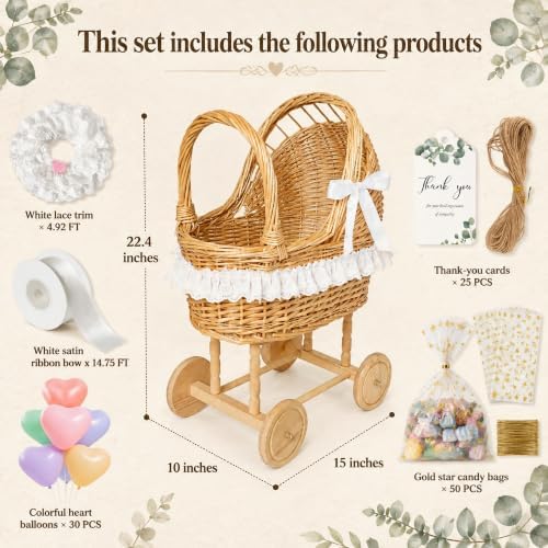 Vintage Wicker Baby Carriage Basket Set for Baby Shower, Wedding Party - Image 3
