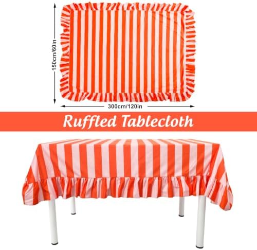 JarThenaAMCS Ruffle Tablecloth Orange Pink Striped Table Cloth Rectangle Decorative Table Cover with Ruffled Edge for Home Kitchen Dining Party Decor, 60 x 120 Inch - Image 2