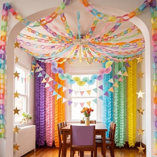 TaoBary Pastels Decorations, 6 Roll Crepe Streamers 600 Paper Chain Garland Strips 4 Star Hanging 2 Felt Pennant Flag 2 Paper Fans Garland 6 Four Leaf Clover Streamers for Birthday Party - Image 3