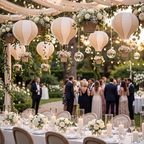 Meooeck 6 Pcs Hanging Hot Air Balloon Decorations Paper Lanterns 12 Inch Reusable Hot Air Balloon Decor Paper Lanterns Set for DIY Craft Wedding Birthday Christmas Home Living Room (Brown White) - Image 6