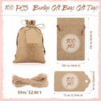 Woanger 100 Pcs Drawstring Burlap Gift Bags 4x6'' with Tags, Dark Brown - Image 2