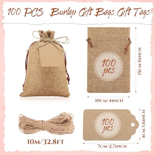 Woanger 100 Pcs Drawstring Burlap Gift Bags 4x6'' with Tags, Dark Brown - Image 2