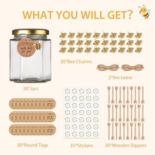 6 oz Honey Jars with Dipper, 30 Pack Hexagon Honey Jar - Image 2